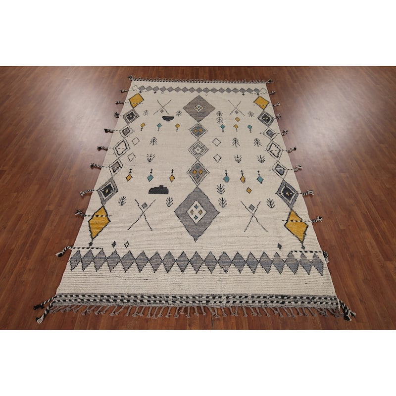 Geometric Moroccan Area Rug Hand-Knotted Wool Carpet - 6'8"x 11'0"
