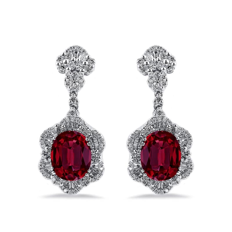 Auriya 5 3/4ct Fancy Oval-cut Red Ruby Halo Diamond Drop Earrings 1 7/8ctw 18k Gold