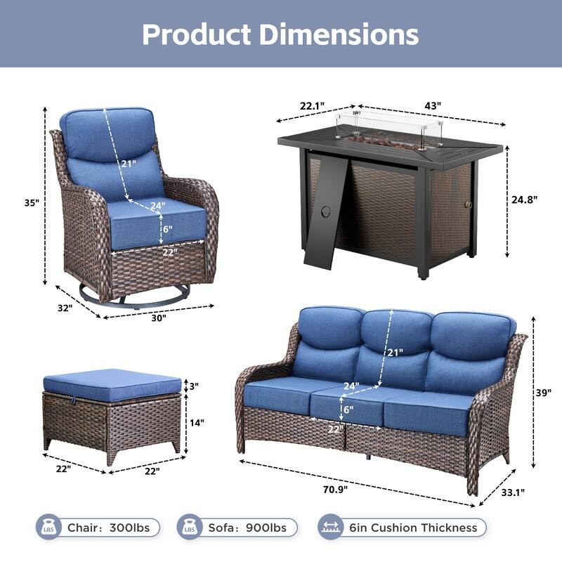 Arcadia 8-Piece PE Wicker Patio Seating Set with Durable All-Iron Fire Pit and 6-Inch Cushions