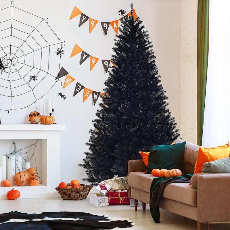 Gymax 7.5FT Artificial Halloween Christmas Tree Hinged Pine Tree - 4.3' x 7.5' (Dia x H) - Black - 7.5 Foot