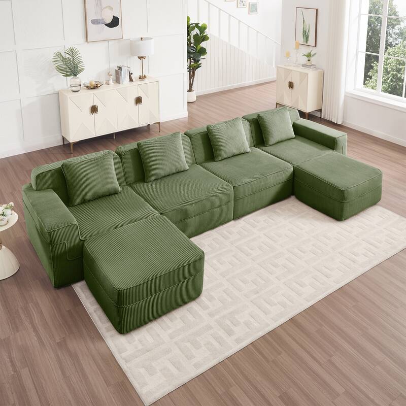 GDFStudio - Corduroy Modular 4-Seater 153.5" U-Shaped Boneless Cloud Sofa with 2 Ottomans - Green