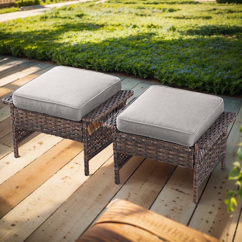 Gymojoy Patio Ottomans Rattan Footstool with Cushions - Brown - Grey