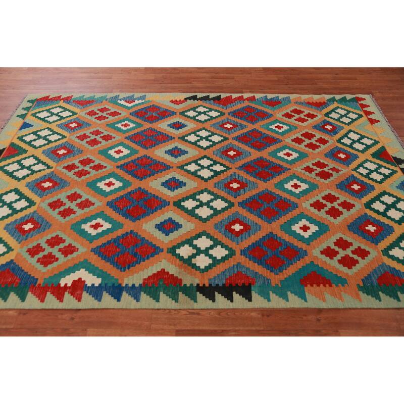 Hand Woven Oriental 100% Wool Carpet Southwestern Geometric Oranges & Rust Kilim Area Rug - 8' 6'' X 5' 7''
