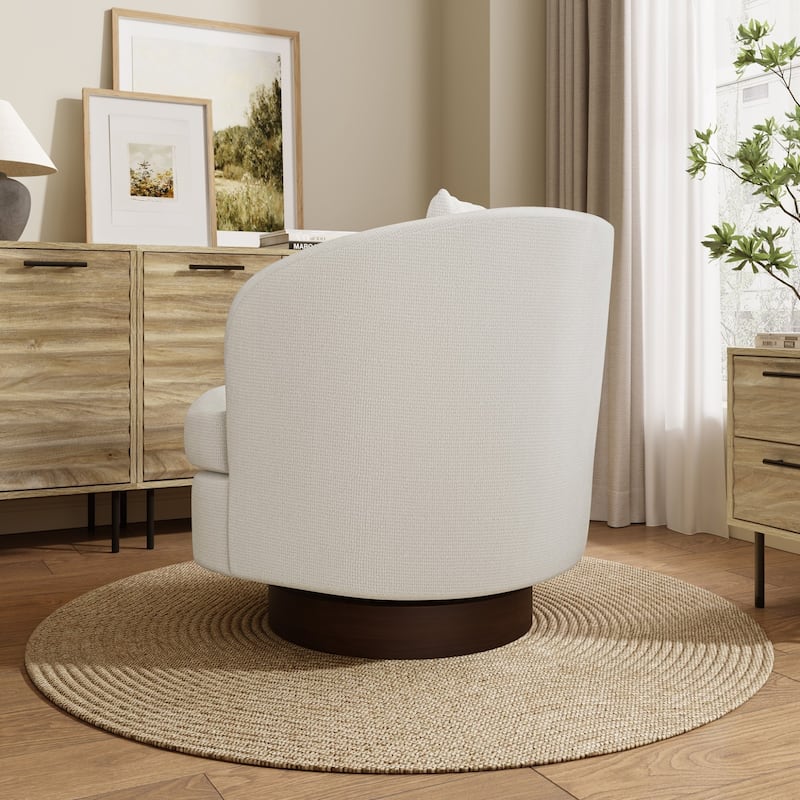 Upholstered White Woven Texture Club Swivel Chair with Dark Brown Base and Pillow
