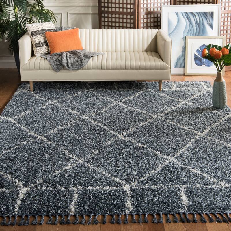 SAFAVIEH Pro Luxe Shag Yuna Moroccan Tassel 2.4-inch Thick - 8' x 10' - Blue/Cream - Rectangle