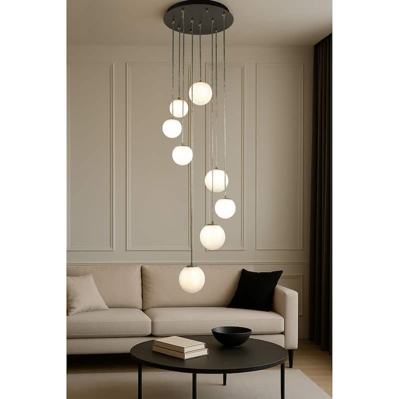 18'' 8-Light Modern White Opal Glass Staircase Chandelier Globe Bubble Glass Pendant In Matte Black For Foyer Entryway - W18''