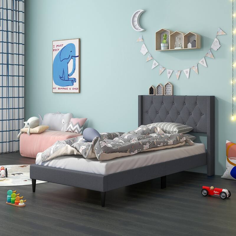 Upholstered Platform Bed with Button Tufted Wingback Headboard