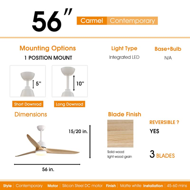 56 Inch Solid Wood White Ceiling Fan with Light and Remote