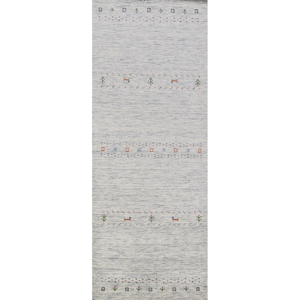 Hand Knotted Oriental 100% Wool Carpet Tribal Animal Pictorial Beige & Ivories Gabbeh Runner Rug - 9' 10'' X 2' 8''