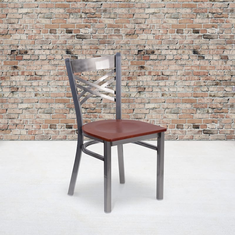 Steel X-back Restaurant Chair - 16.5"W x 17"D x 32.25"H - Cherry Wood Seat/Clear Coated Metal Frame