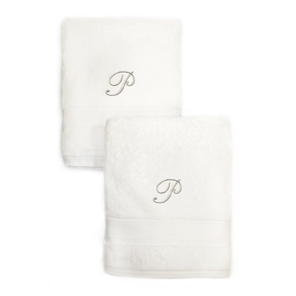 Authentic Hotel and Spa 2-piece White Turkish Cotton Hand Towels with Silver Script Monogrammed Initial - White - P