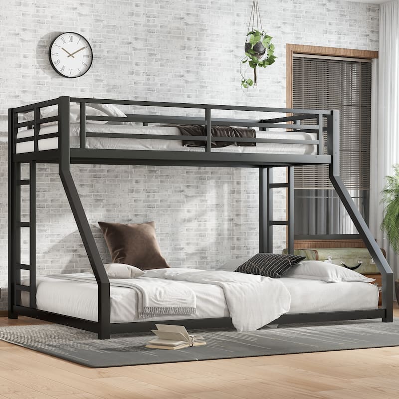 Metal Twin XL over Queen Bunk Bed for Teens and Adults,Noise Reduced/No Box Spring Needed, Black - Black