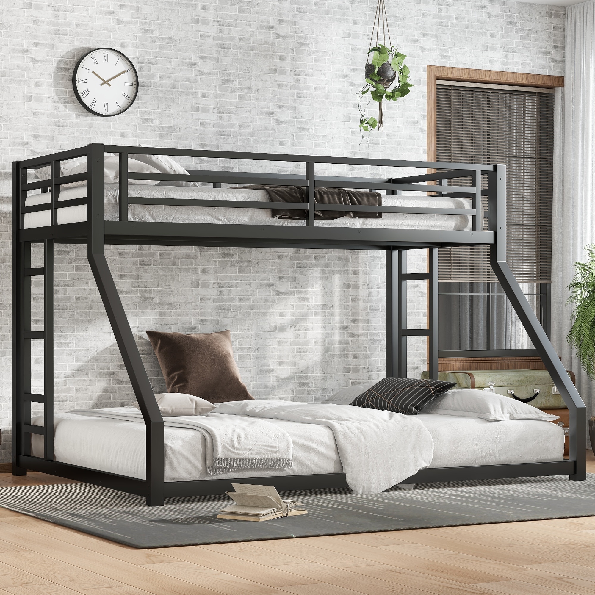 Roomfitters Metal Twin XL Over Queen Bunk Bed Frame with Safety Rail & Ladder, Space-Saving Design, Black