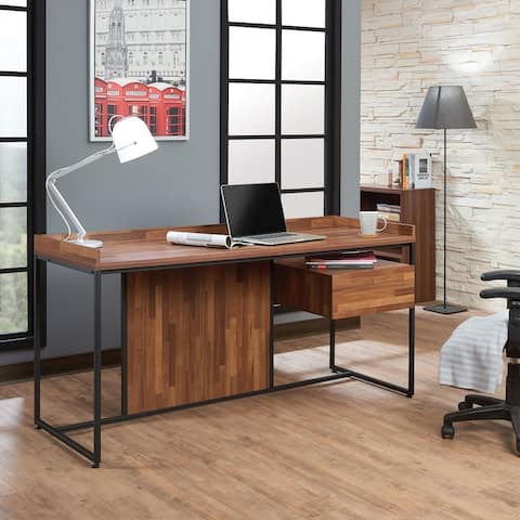 Contemporary Style Sara Desk, Rectangular Metal Writing Desk Walnut & Sandy Black, with Drawer (NO Keyboard Tray)