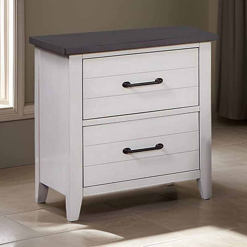 Akira 24 Inch Nightstand, 2 Drawers, White Solid Wood Frame and Gray Top