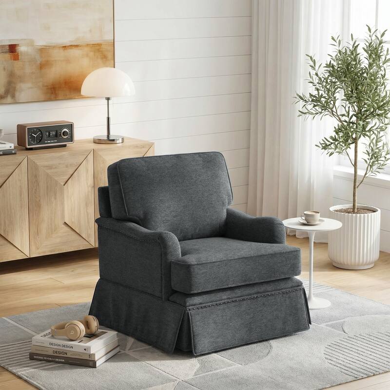 Modern Chenille Swivel Armchair and Storage Ottoman - Single Chair - Grey