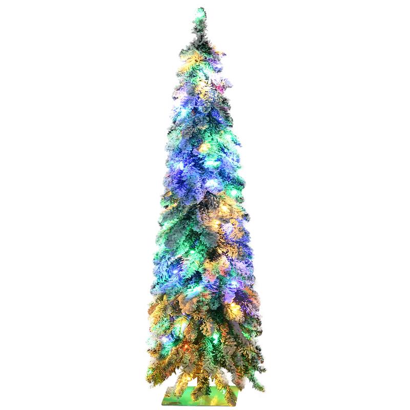 4ft Tall Prelit Pencil Artificial Christmas Tree Holiday Décor with 225 Snow Flocked Branches,LED Lights - Green - Green