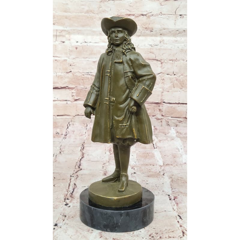 Bronze Historical Figure William Penn Statue With Hat On Marble Base Home Decor