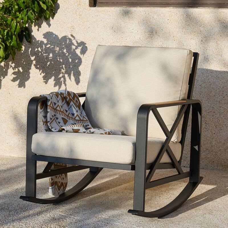 Patio Rocker With Cushions，Outdoor Rocking Chair with Wood Armrests ...