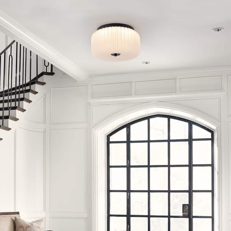 C Cattleya Black Flush Mount Ceiling Light with White Ribbed Glass