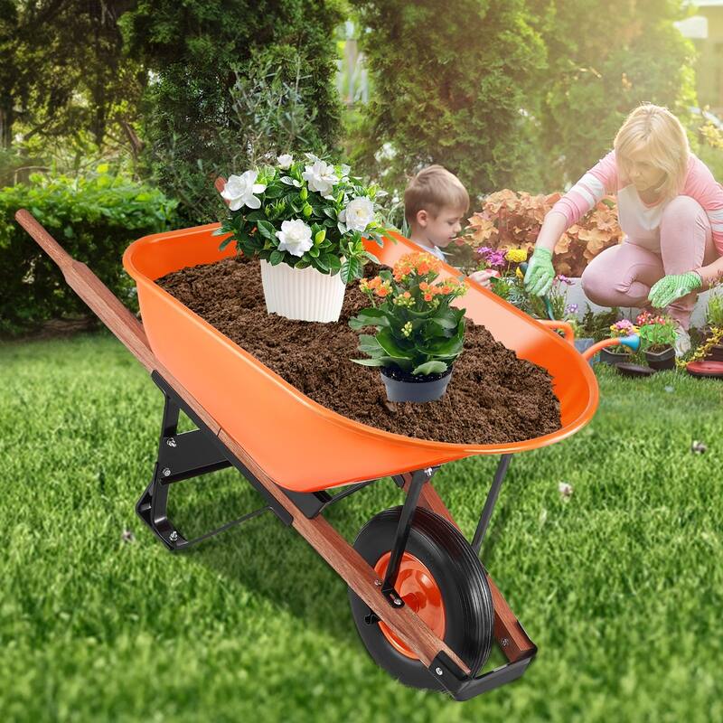 Orange Iron PU Heavy-Duty Wheelbarrow 330lbs Cart w/ Foam Tire - 54.72 x 25.59 x 27.56 in