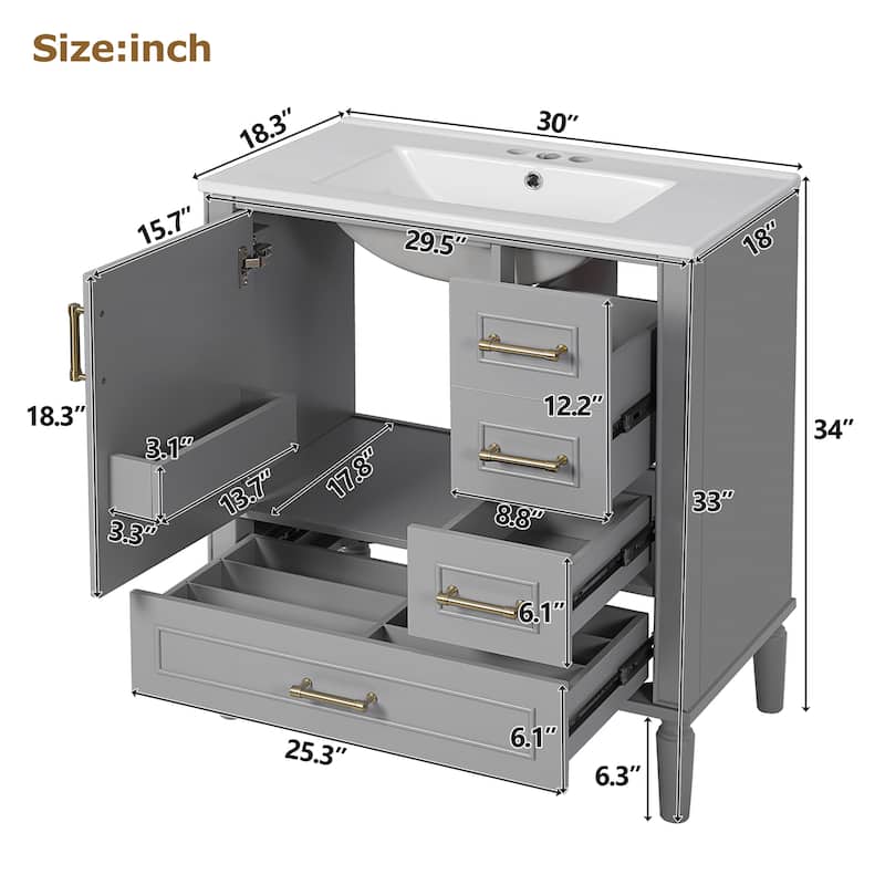 30inch Bathroom Vanity with Ceramic Sink, Soft-Close Door & 3 Drawers