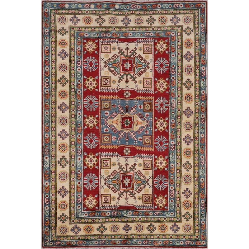Geometric Red Kazak Area Rug Handmade Oriental Wool Carpet - 4'0" x 6'3"