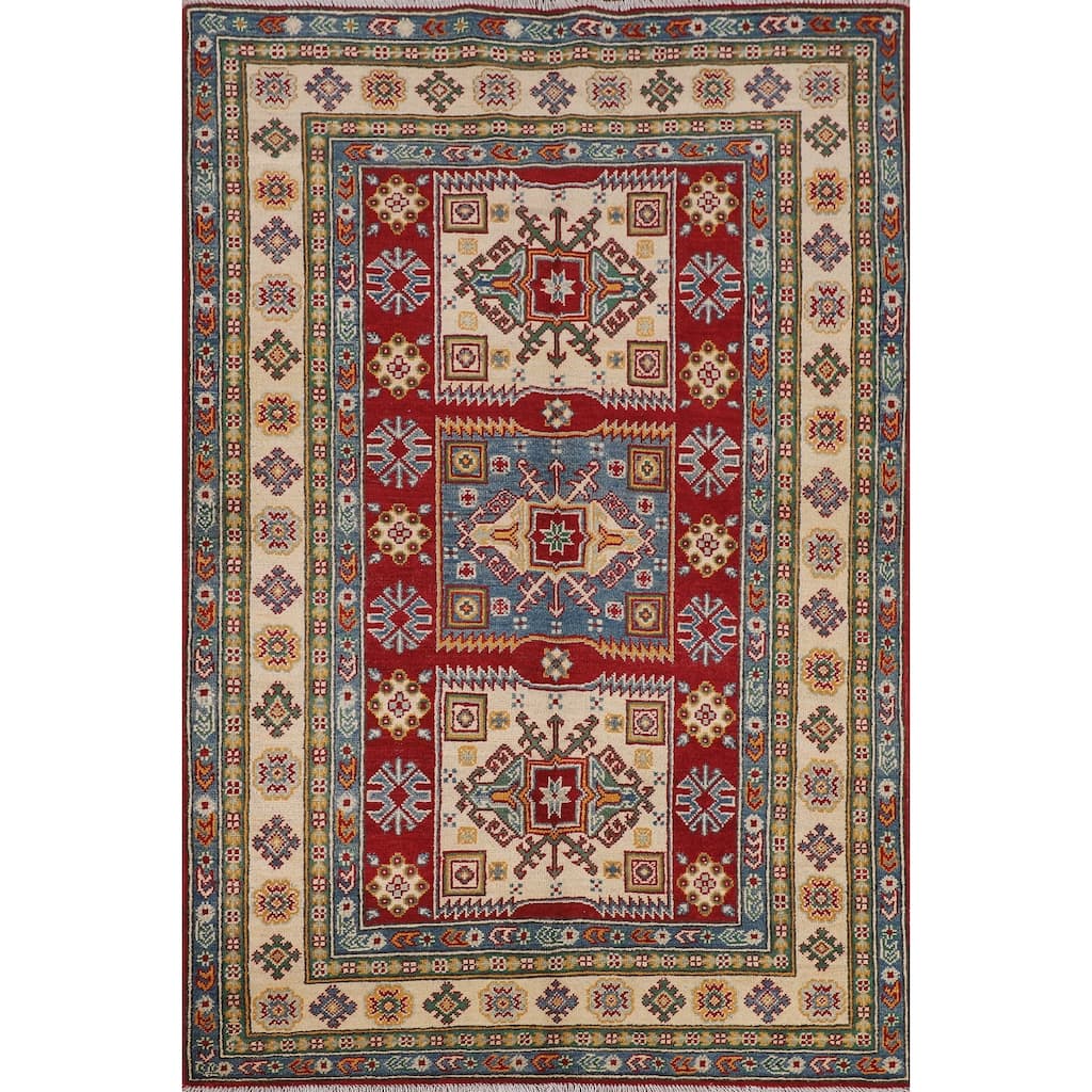 Geometric Red Kazak Area Rug Handmade Oriental Wool Carpet - 4'0" x 6'3"