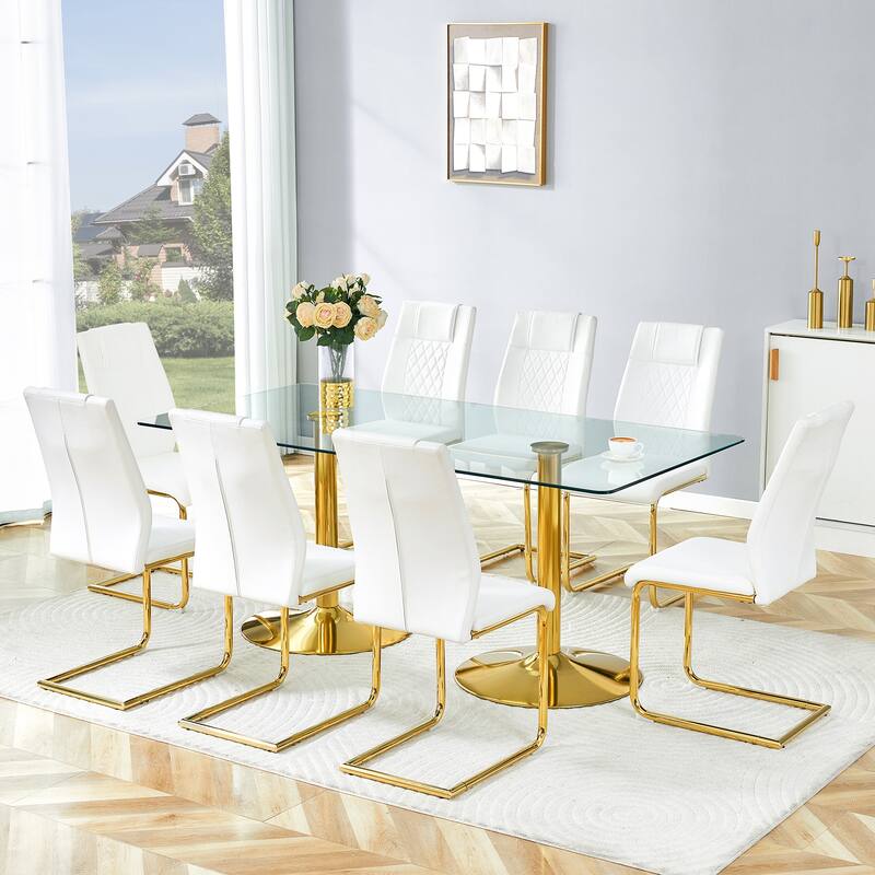 Rectangular Dining Table Set for 6-8 People, Modern Glass Table with Faux Leather Chairs