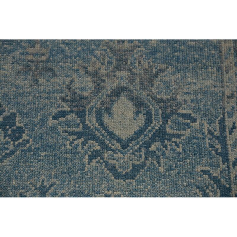 Hand Knotted Oriental 100% Wool Carpet Transitional Floral Navy Blue & Blues Oushak Runner Rug - 17' 4'' X 3' 1''