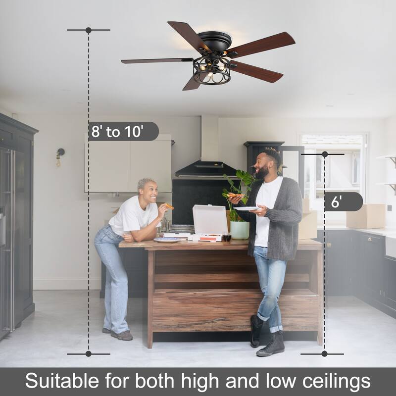 52-inch Flush Mount Caged Ceiling Fan with Light and Remote(5 Reversible Blades)