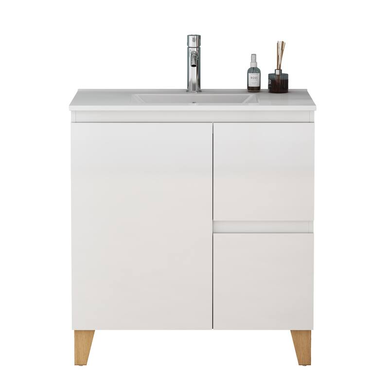 30" Wall-Mounted Bathroom Vanity With Ceramic Art Sink & 2-Soft-Close Door, KD-Packing, Plywood