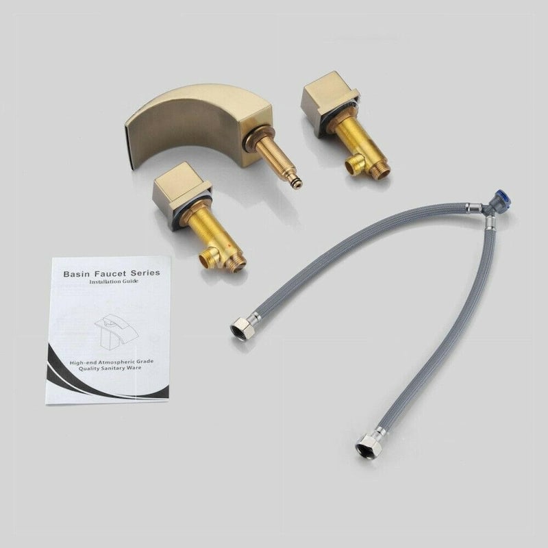 Brushed gold waterfall bathroom sink faucet 3 holes 2 handles with pop up drain - 9'6" x 13'6"