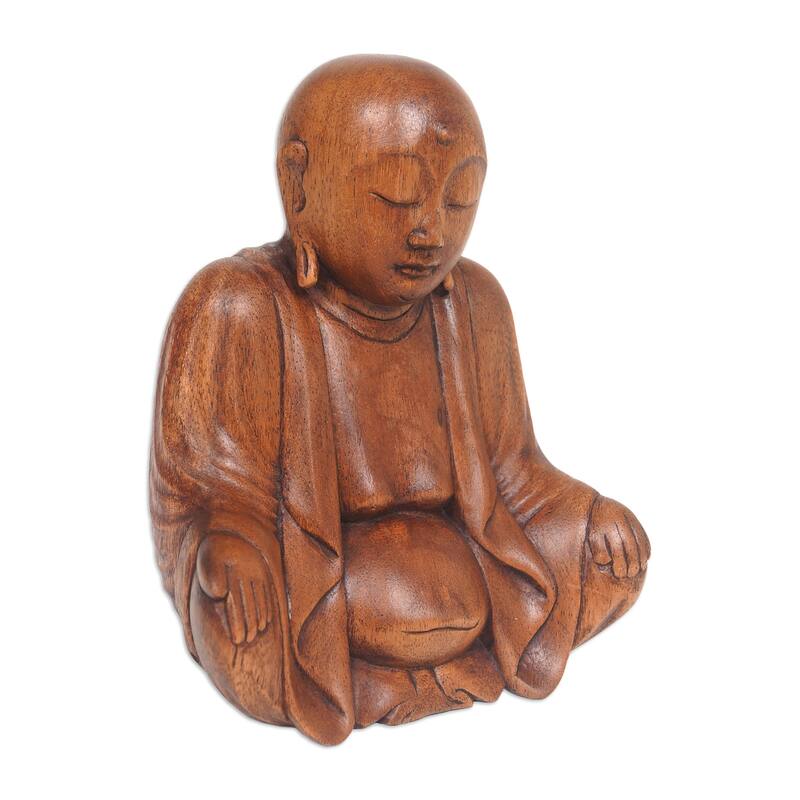 Novica Handmade Meditative Bhiksu Wood Sculpture