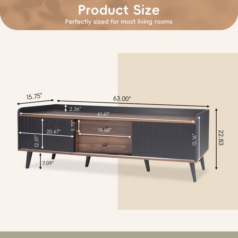 63" Mid Century Modern TV Stand for 70 Inch TV, Media Console with 2 Cabinets, 2 Drawers & Cable Management