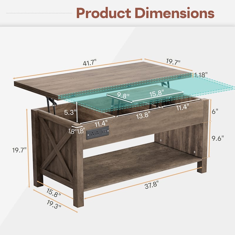 Gymojoy 42" 4-in-1 Lift Top Coffee Table with Charging & LED Lights, Farmhouse Storage Table for Living Room, Office, Dorm