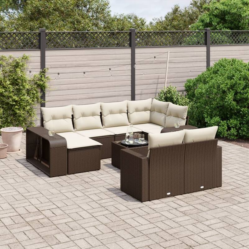 vidaXL Patio Sofa Set with Cushions Lounge Sofa Sections 11 Piece Poly Rattan - Brown Large Glass