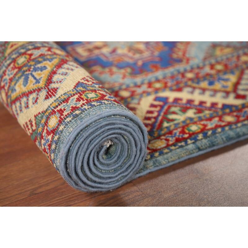 Light Blue Kazak Oriental Runner Rug Hand-Knotted Wool Carpet - 2'7" x 12'9"