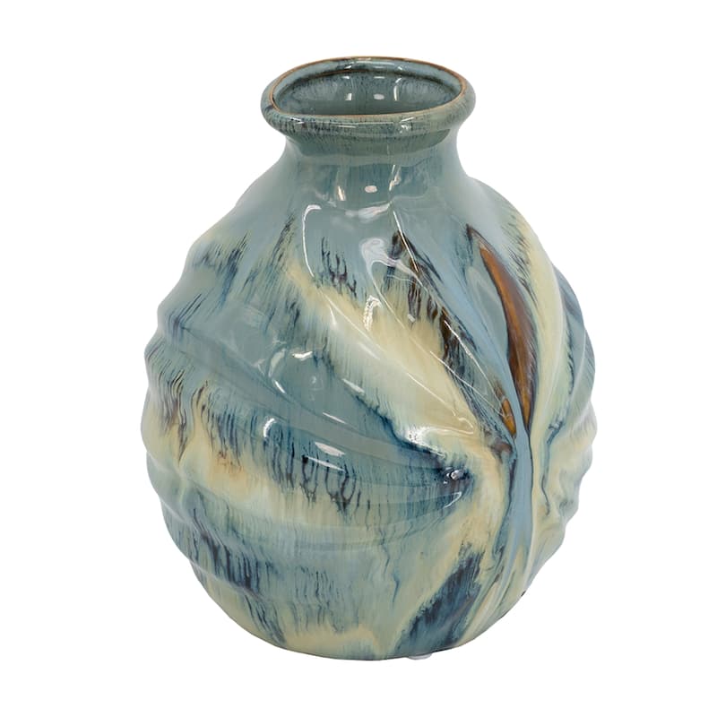 Abstract Curved Ceramic Vase - 11" - Blue and White
