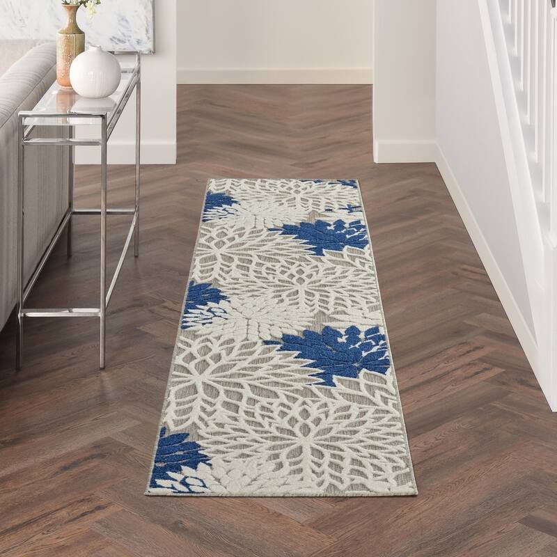 Nourison Aloha Floral Modern Indoor/Outdoor Area Rug - 2'3" x 8' Runner - Ivory/Navy
