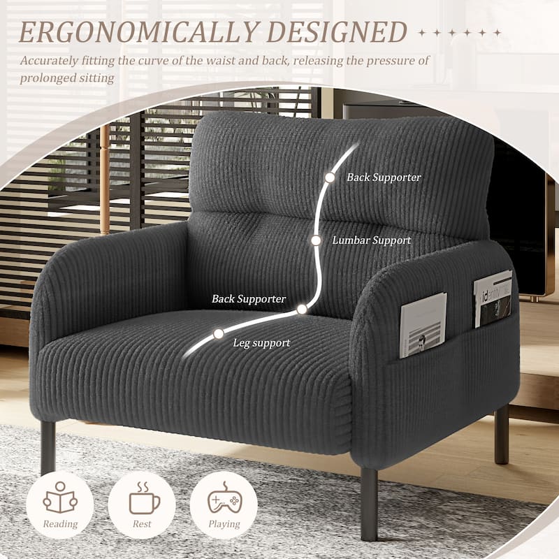 HOMEFUN Corduroy Upholstered Comfortable Single Wood Frame Armchair for Living room and Bedroom