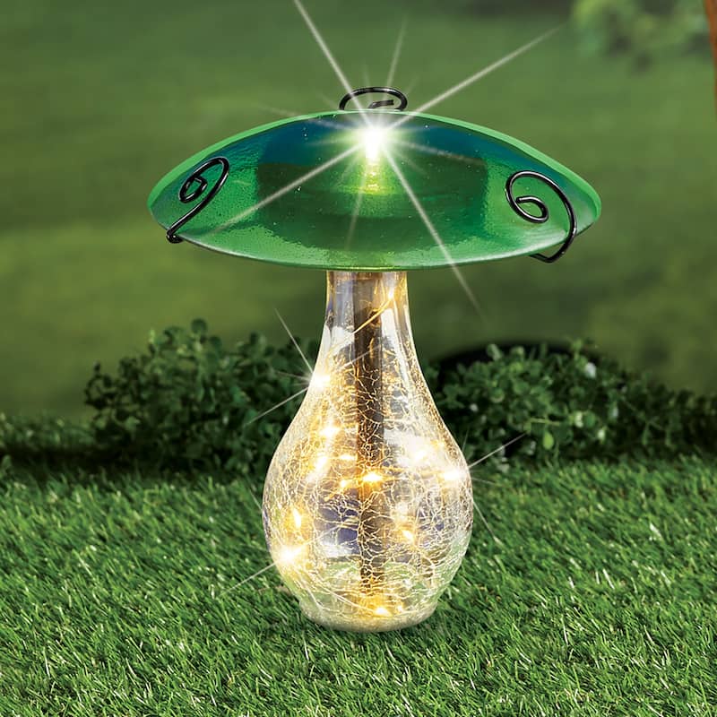 LED Lighted Glass Mushroom Solar Powered Garden Stake - 6.5 x 11.75 x 6.5 - Green