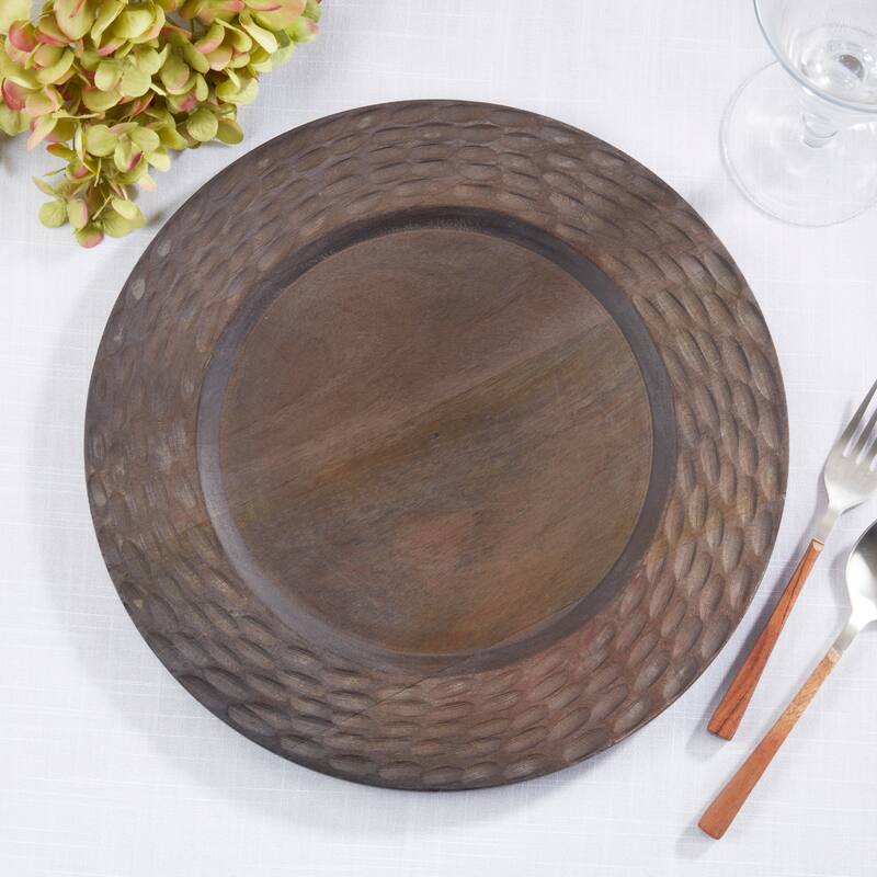 Textured Mango Wood Decorative Charger Plates (Set of 4) - Rustic Round Table Chargers for Dining & Entertaining, 13"