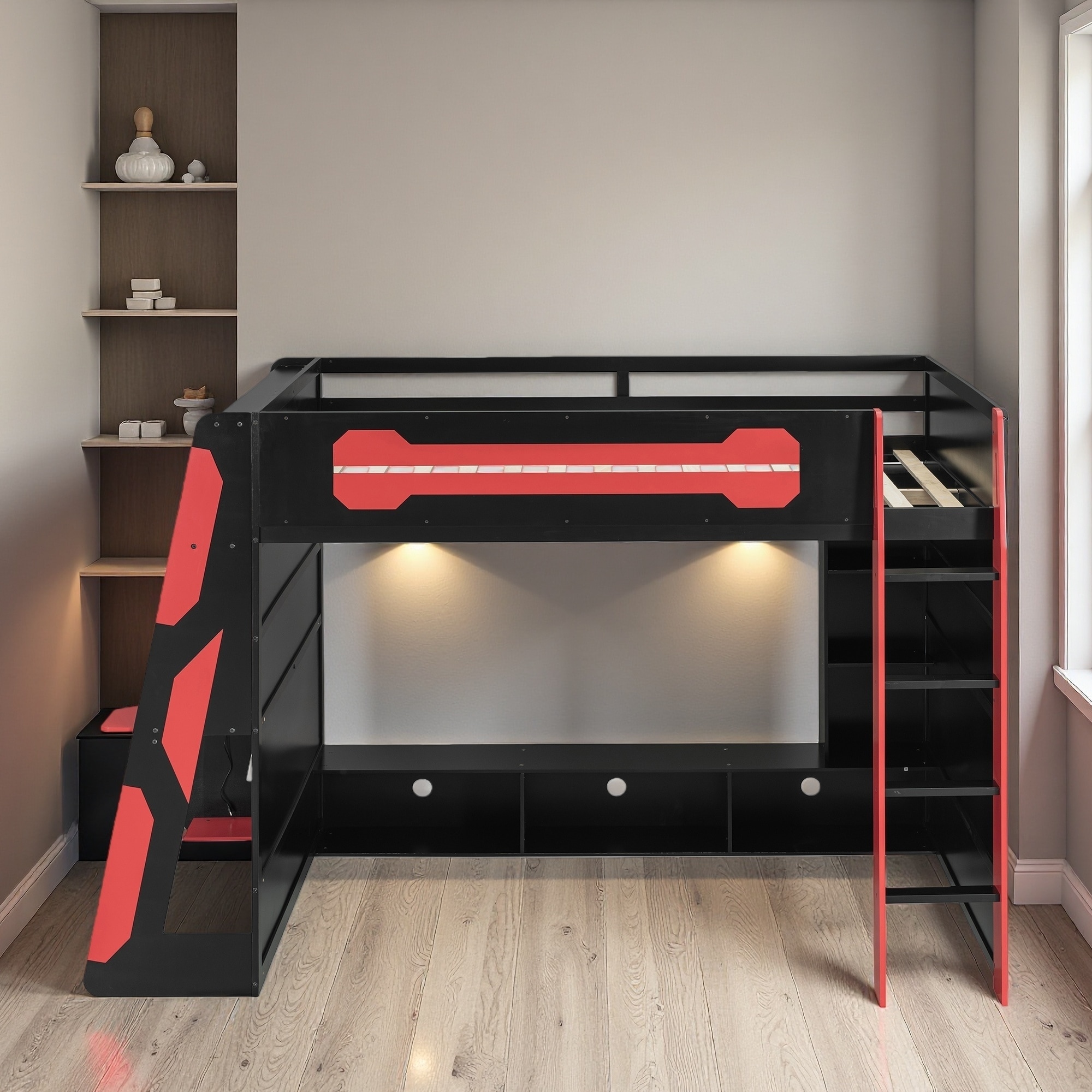 Full Size Wood Loft Bed with Desk, Multi-Storage Shelves, RGB Light & Esports Gaming Setup