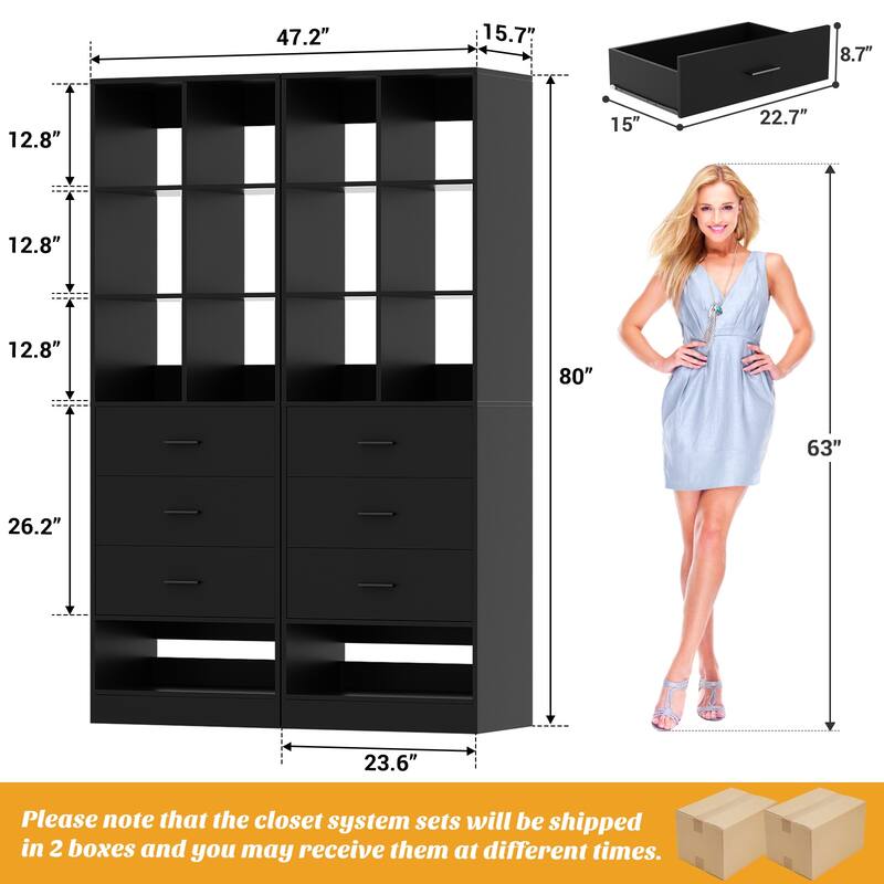 Qvella 23.6'' W Closet System with 3 Wooden Drawers and Partition Storage,Modular Closet Organizer for Walk-in/Reach-in Closet