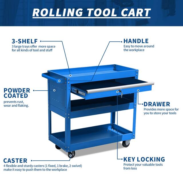 3-Tier Rolling Tool Cart with Drawer Steel Utility Storage Tool Box