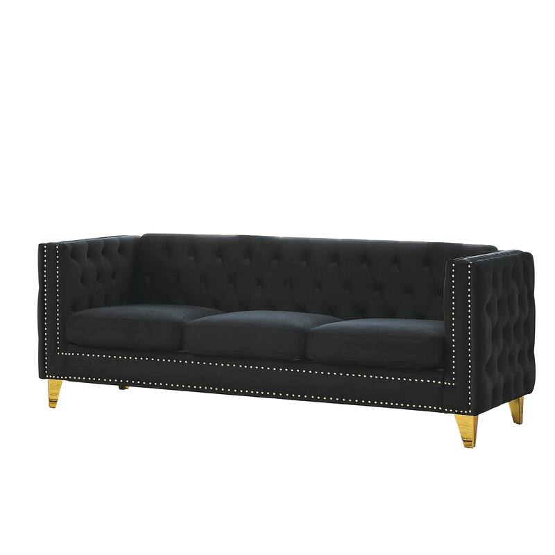 Modern Velvet Sofa Couch Upholstered Button and Metal Legs