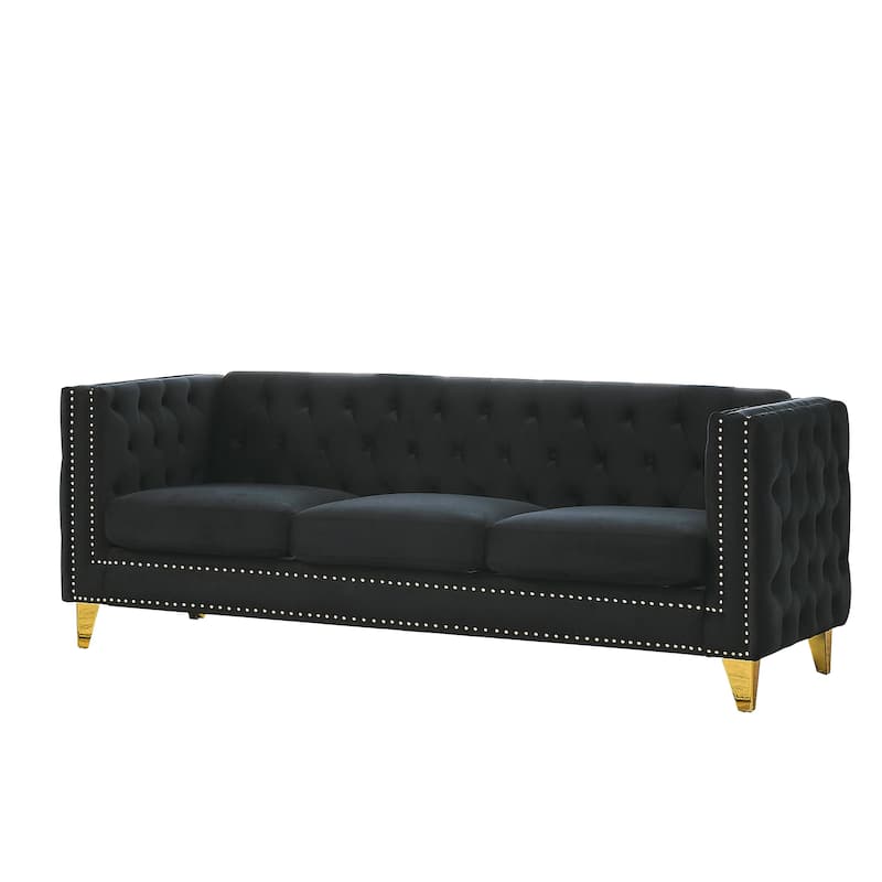 Roomfitters 5-Seater Velvet Sofa Set, 3+2 Chesterfield Square-Arm Tufted Couches with Nailhead Trim and Gold Legs