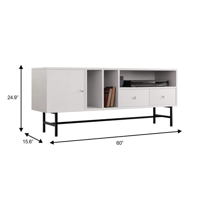 Rochester Multifunctional 60" Modern Wood TV Stand with 2 Drawers, Open Shelves, Enclosed Cabinet, and Powder Coated Steel Legs