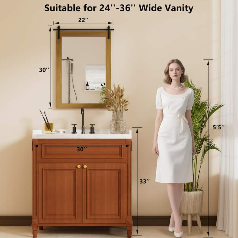 Farmhouse Rectangular Wood Frame Wall Mirror, Rustic Barn Door Bathroom Vanity Mirror